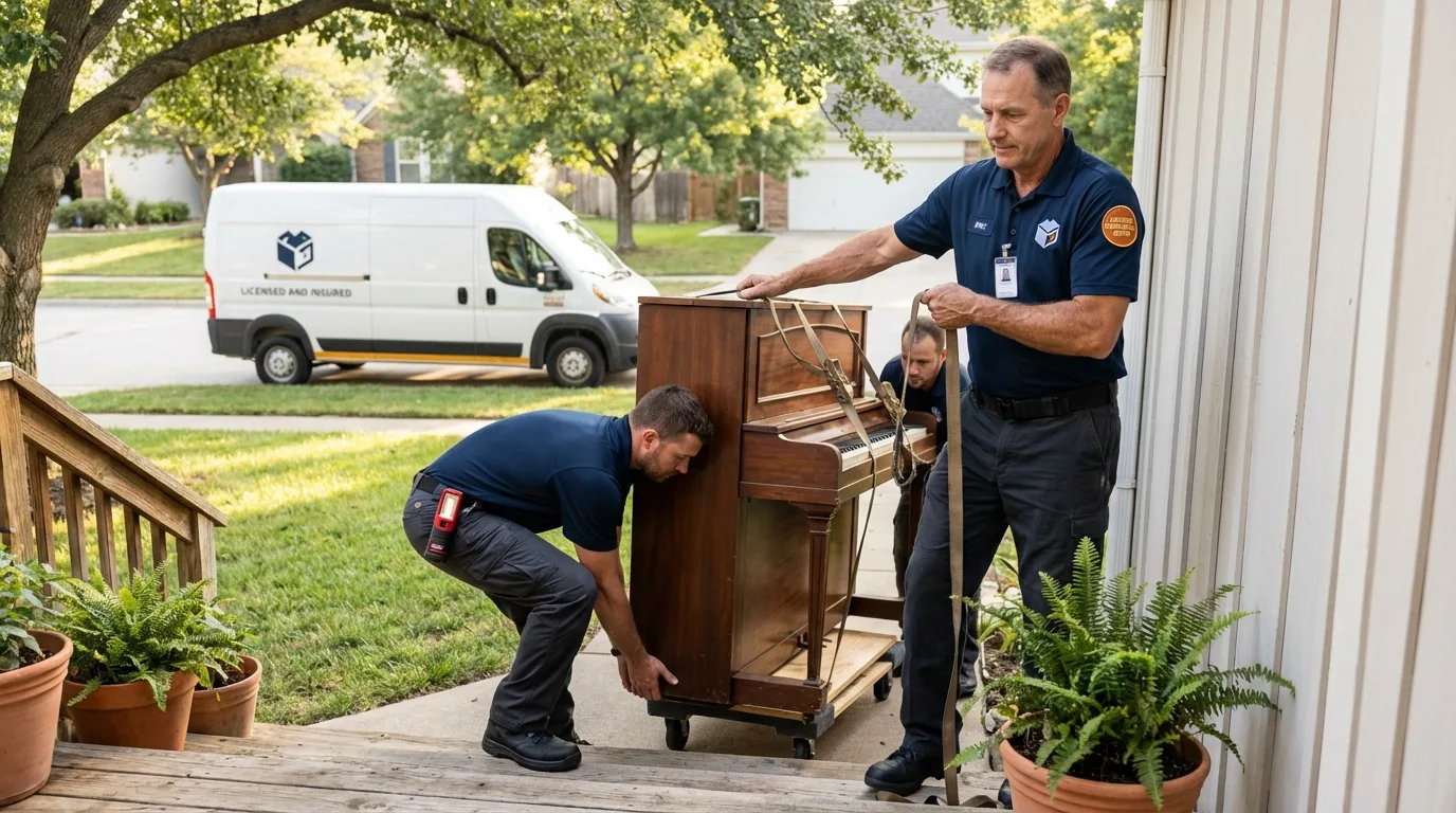 Licensed piano movers securing grand piano in Hales Corners, WI