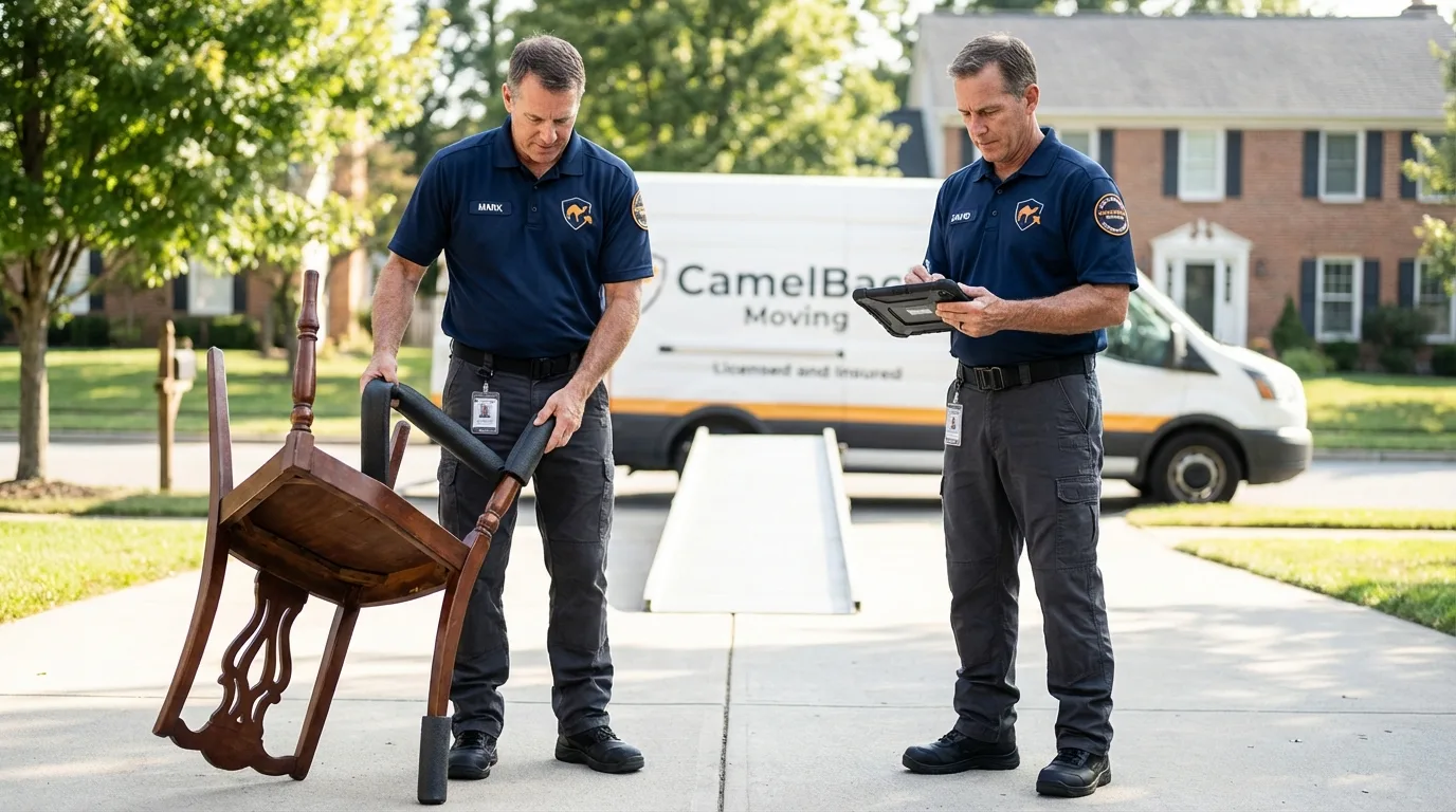 Movers inspecting furniture for damage prevention before loading in Hales Corners, WI
