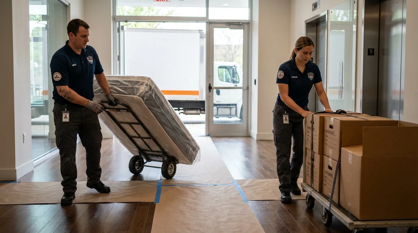 Professional apartment movers loading elevator in Hales Corners, WI