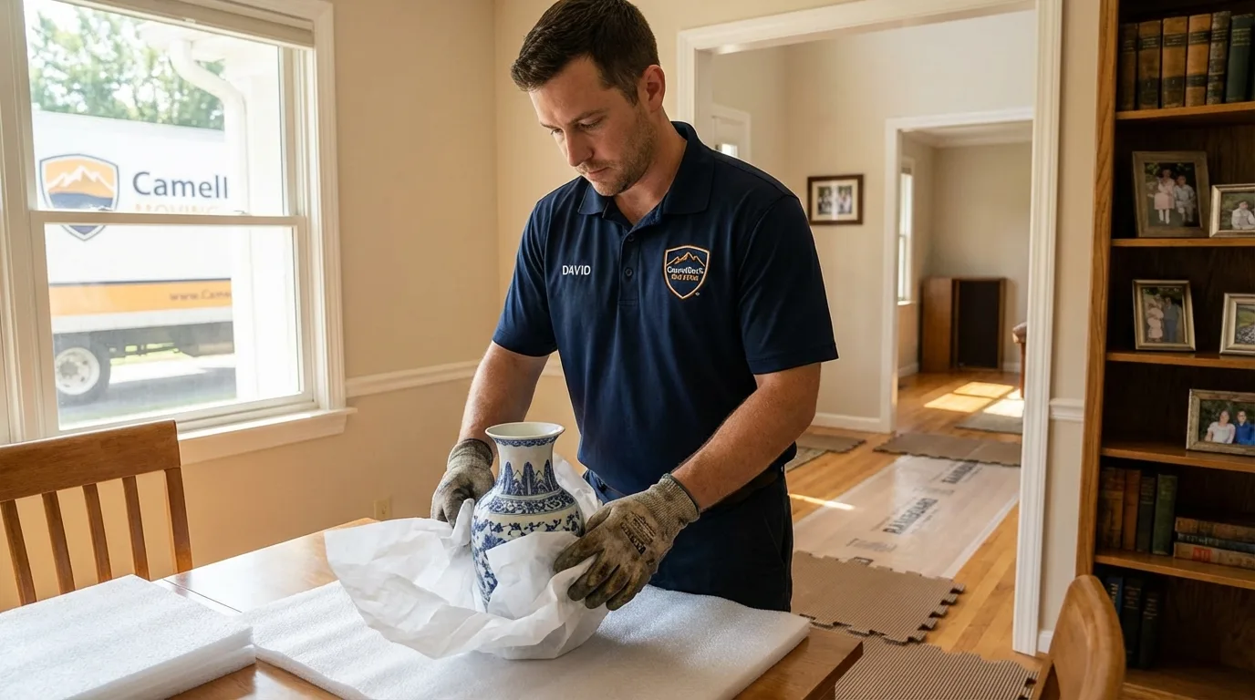 Professional crew carefully wrapping antique vase for senior downsizing move in Hales Corners, WI