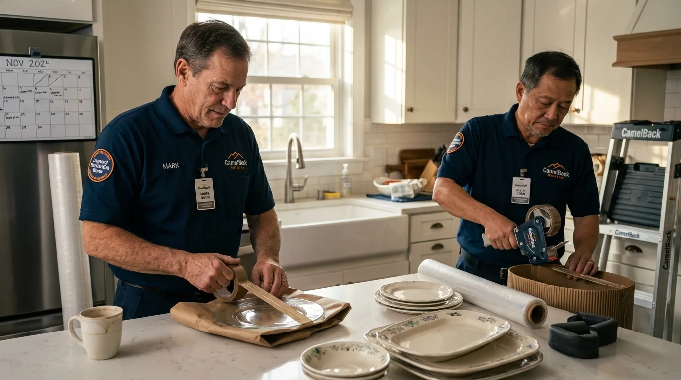 Professional crew packing kitchen dishware in Hales Corners, WI